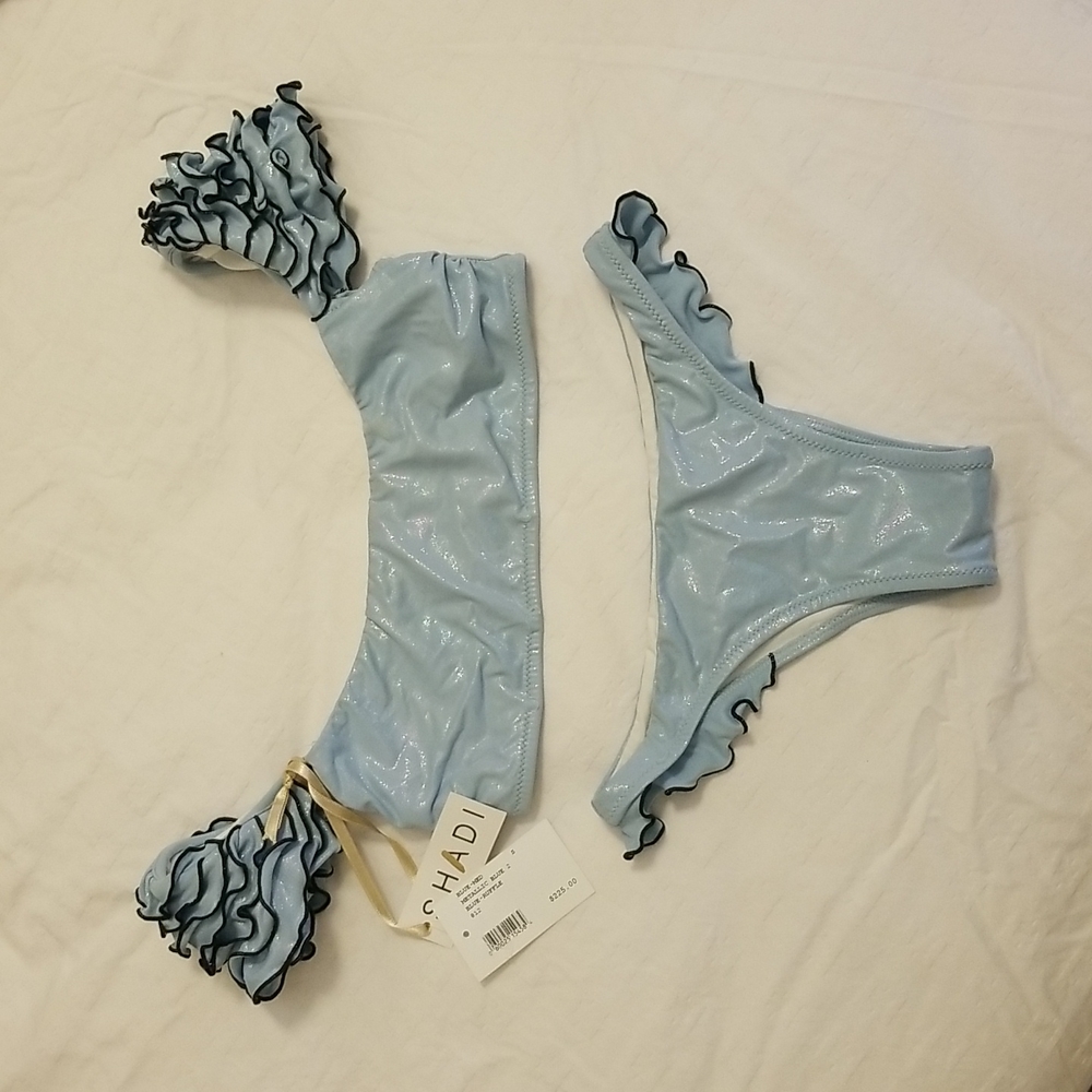 SHADI Deira Sky Bikini Metalic Blue Ruffle Handmade Size S